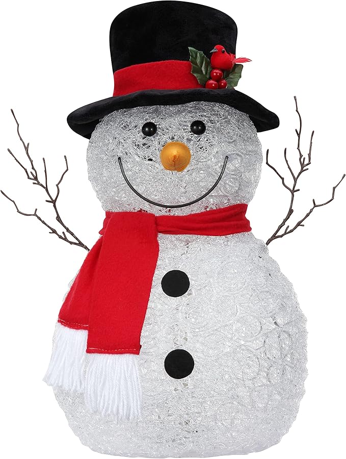 Haute Decor 17 inch Tall Spun Acrylic Snowman with Battery Operated LED Lights - Christmas and Winter Holiday Decoration for Table, Mantel, Counter, Hearth, Desk