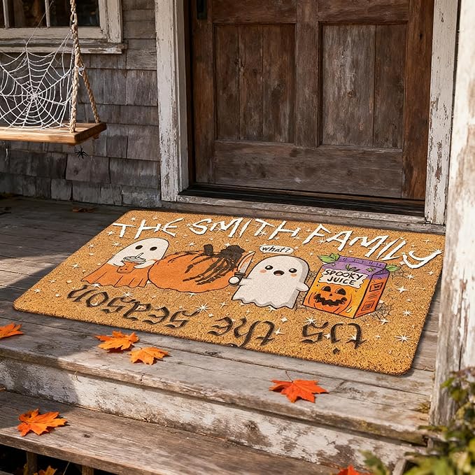 InterestPrint Personalized Halloween Family Doormat with Name Happy Ghost Custom Family Member Welcome Mat, Customized Halloween Door Mat with Name, Dog, Cat, Ghost Family Welcome Doormat