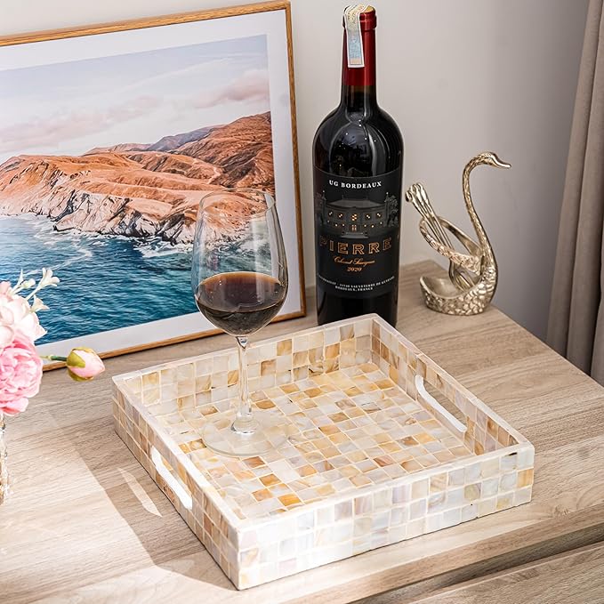 PEMAR 10" Mother of Pearl Catchall Tray for Coffee Table, Entryway, Nightstand. Square Serving Tray Wooden Luxury Decorative Handmade Eating Platters w Insert Handles (White Cream Squares Pattern)