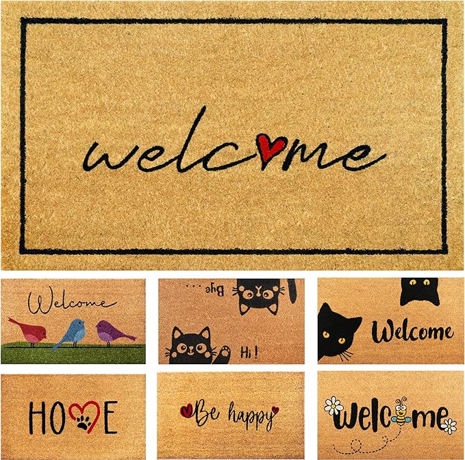 Welcome - 17"x29" - Coir Door Mat with Heavy Duty Backing - Welcome Mats for Entryway, Porch - Anti-Slip PVC & Coconut Fiber Surface - Natural Home Accessories, Minimalist Original Design