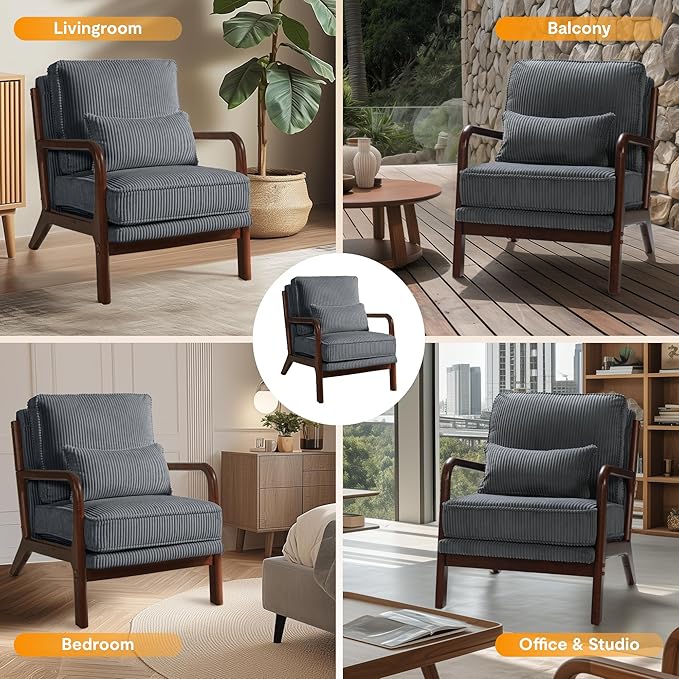 FLEXISPOT AC1 Mid Century Modern Accent Chairs Set of 2, Corduroy Upholstered Armchairs with Wood Frame, Thick Backrest & Lumbar Pillow, Comfy Reading Chairs for Living Room, Bedroom, Balcony (Grey)