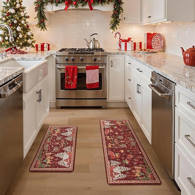 GENIMO Christmas Decorations - Kitchen Mats for Floor, 2PCS Christmas Kitchen Rugs, Cushioned Anti Fatigue Mat for Home Decor, Waterproof Non Slip Standing Mat for Laundry, 17.3"x47"+17.3"x30", Red
