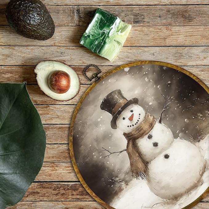 QZQE Vintage Winter Snowman Round Wall Art Decor Framed, Rustic Farmhouse Cottage Christmas Canvas Prints, Retro Xmas Cozy Winter Holiday Wall Hanging Decor for Home Bedroom Living Room, 10x10 Inch