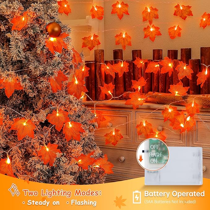 2 Pack Fall Decorations for Home,Fall Lights Battery Operated,Total 20FT 40 Led Maple Leaf Garland with Lights String for Halloween Thanksgiving Autumn Harvest Friendsgiving Indoor Outdoor