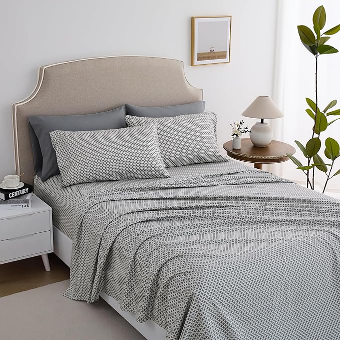 Twin Size Bed Sheets Set Deep Pockets - 6PC Geometric Print Ultra Soft Microfiber Bed Sheets - Easy to Clean, 90 Thread Count Sheets with Fitted Sheet, Flat Sheet & Pillowcases (Grey Diamond)