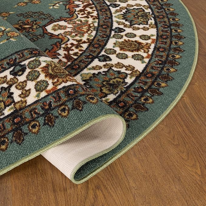 Antep Rugs Alfombras Oriental Traditional 5x7 Non-Skid (Non-Slip) Low Profile Pile Rubber Backing Indoor Area Rugs (Green, 5' x 7' Oval)