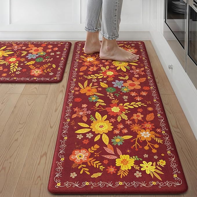 GENIMO Kitchen Mats for Floor 2PCS, Cushioned Kitchen Rugs Non Slip Washable, Farmhouse Anti Fatigue Mat Waterproof, Comfort Standing Mat Rug for Office, Home, Laundry, 17.3"x47"+17.3"x30", Red