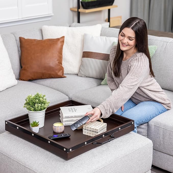24"x24" Extra Large Square Ottoman Tray, Heavy Duty Mango Wood, for Serving Tea, Breakfast in Bed, Living Room Large Coffee Table Tray Rustic with Farmhouse Style, Decorative Handles and Accent Strap