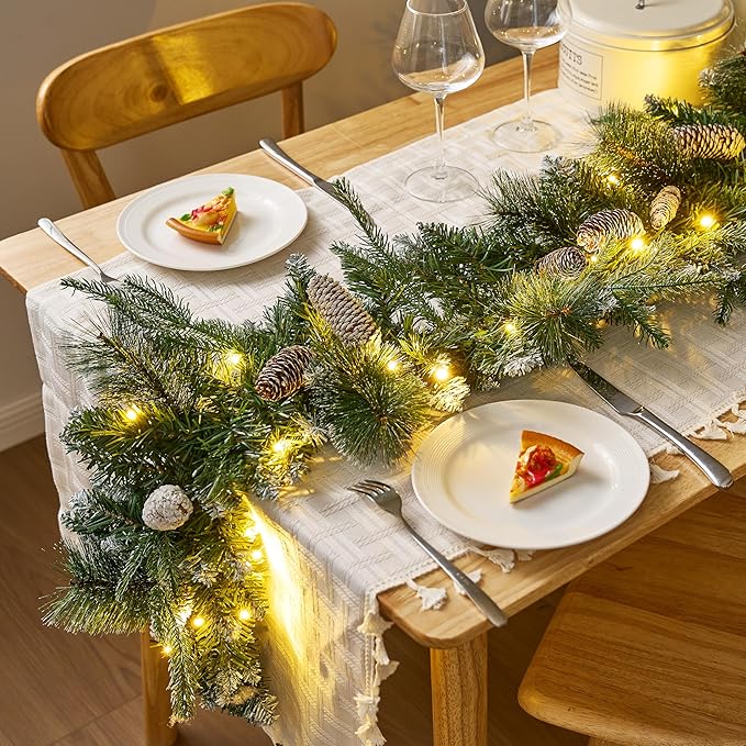 Joiedomi 9FT Christmas Flocked Garland (Cone) Pre Lit with 50 Count Warm White String Lights for Winter Christmas and Holidays, Decorated with Pine Cones, Plug in Lighted Pine Garland, Xmas Collection