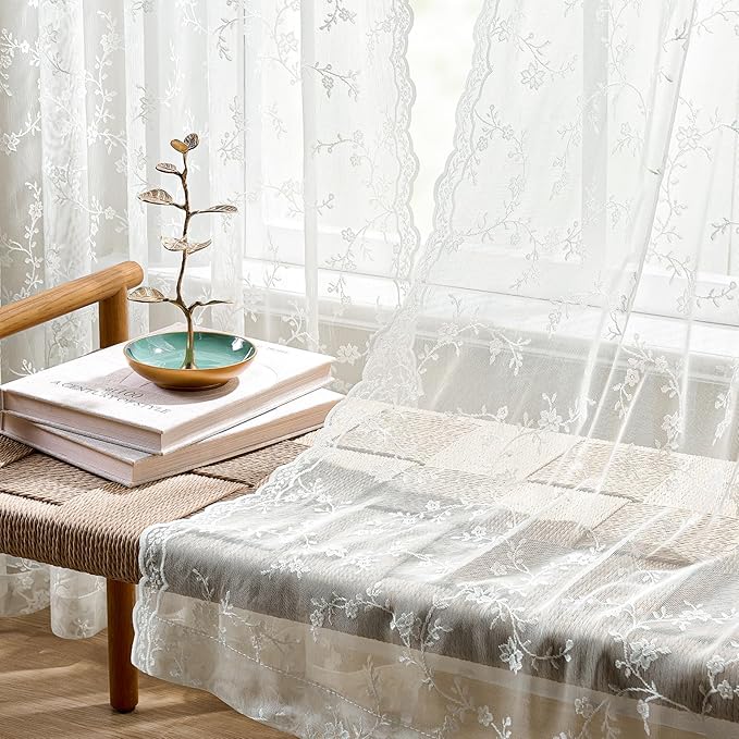Sheer Lace Curtains 63 Inches Long, Vintage Floral Light Filtering Ivory Lace Curtains for Living Room & Bedroom, Rod Pocket, 2 Panels Set, Branch Pattern (Ivory, 52" W x 63" L)