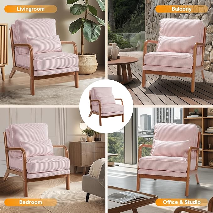 FLEXISPOT AC1 Mid Century Modern Accent Chairs Set of 2, Corduroy Upholstered Armchairs with Wood Frame, Thick Backrest & Lumbar Pillow, Comfy Reading Chairs for Living Room, Bedroom, Balcony (Pink)