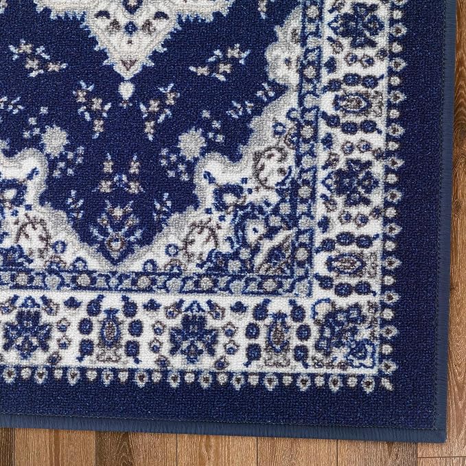 Antep Rugs Alfombras Oriental Traditional 2x10 Non-Skid (Non-Slip) Low Profile Pile Rubber Backing Indoor Runner Rugs (Navy Blue, 2' x 10')