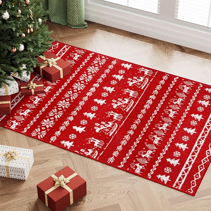Christmas Area Rug 2x3 Red Entryway Carpet Washable Xmas Snowflake Holiday Decor Doormat Kitchen Decorative Non Slip Soft Low Pile Small Carpet Indoor Throw Rug Bedroom Entrance Bathroom