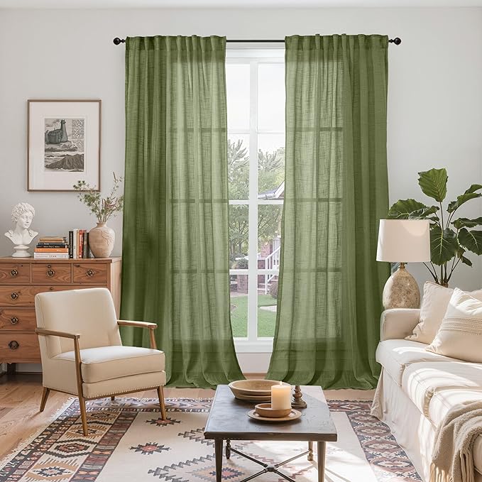YoungsTex Olive Green Linen Curtains 90 Inch Length for Living Room - Light Filtering Textured Semi Sheer Drapes with Back Tab Rod Pocket Lightweight for Dining Bedroom, 2 Panels, 52 X 90 Inch