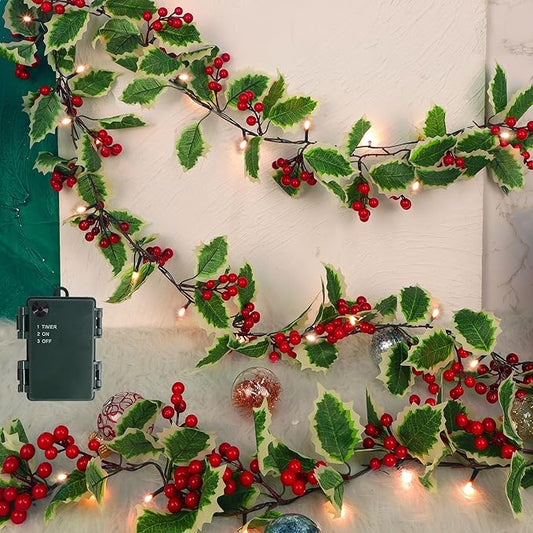 Juegoal Christmas Garland, 6.5FT Pre-lit Red Berries & Holly Leaves Garlands, Artificial Lighted Berry Garland Battery Operated with Timer, Indoor Outdoor Fireplace Gate Home Winter New Year Decor