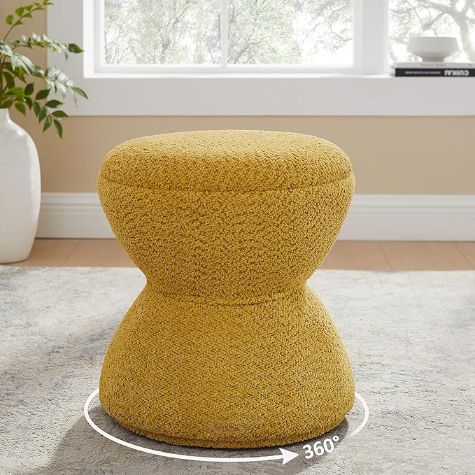 Multi-Functional Boucle Ottoman, Vanity Stool Chair, Sturdy Rotating Wooden Footstool, Suitable for Living Room, Bedroom, and Entryway, Without Installation, Swivel, Yellow