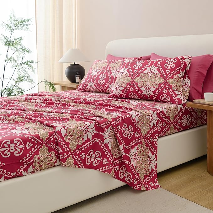 King Size Bed Sheets Set Deep Pockets - 6PC Floral Ultra Soft Microfiber Bed Sheets - Easy to Clean, 90 Thread Count Sheets with Fitted Sheet, Flat Sheet & Pillowcases (Burgundy Damask)