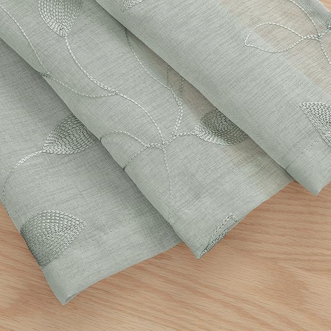 HOMEIDEAS Sage Green Sheer Kitchen Curtains 30 X 24 Inch Length 2 Panels Embroidered Leaf Pattern Short Curtains for Small Window Valance Tiers