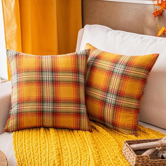 AQOTHES Fall Plaid Yellow Throw Pillow Covers 22x22 Inch, Set of 2 Autumn Decorative Throw Pillows for Couch Sofa Bed Living Room Home Decor, Accent Pillow Cases for Farmhouse Couch Cushion Covers