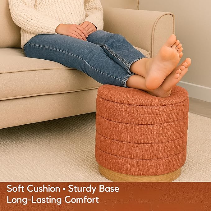 Round Ottoman with Storage โ Elegant Durable Linen Upholstered Footrest Bench for Living Room, Cylinder Vanity Stool โ Coral Orange