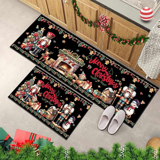 2 Piece Christmas Nutcracker Themed Kitchen Rug Set, Soft and Absorbent Non-Slip Kitchen Floor Mats, Winter Merry Christmas Decor 17x30+17x47 Inches
