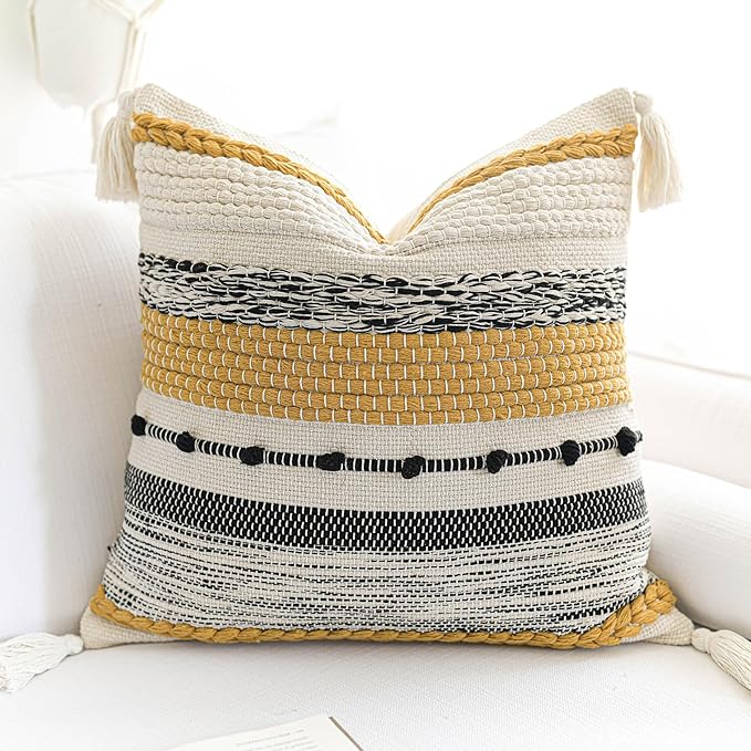 BlissBlush Fall Boho Decorative Throw Pillow Cover 22x22 Square Yellow Mustard Accent Pillowcase Tassels Farmhouse Cushion for Couch Sofa Bedroom Living Room Home Décor Cover ONLY (Pack of 1)