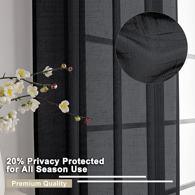 Aiyufeng Kirei Faux Linen Black Sheer Curtains 84 Inches Long 2 Panels, Light Filtering Slub Textured Breathable Rod Pocket Curtain Drapes for Farmhouse Living Room Bedroom, Each 40Wx84L Inch