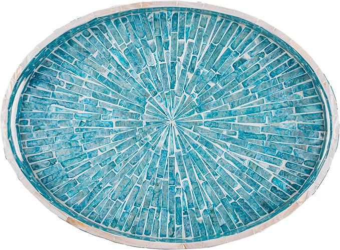 PEMAR 15.7" x 11.8" Oval Capiz Shell Serving Tray, Decorative Ottoman Tray for Living Room, Coffee Table, Breakfast in Bed, Candle Display (Teal Sunlight)