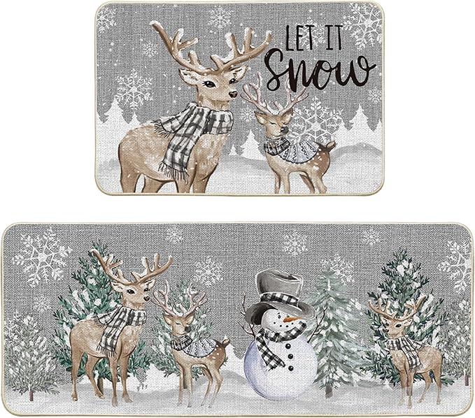 Artoid Mode Deer Tree Let It Sonw Snowflakes Christmas Kitchen Mats Set of 2, Winter Decor Low-Profile Kitchen Rugs for Floor - 24x35 and 24x59 Inch