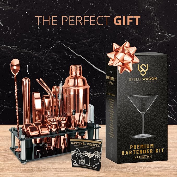 Mixology Bartender Kit – 24 Piece Rose Gold Cocktail Shaker Set w/Stand – Essential Home Bar Accessories Martini Shaker, Jigger, Muddler, Chilling Cubes & More