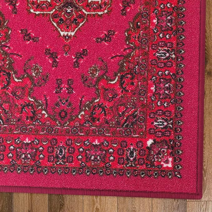 Antep Rugs Alfombras Oriental Traditional 2x10 Non-Skid (Non-Slip) Low Profile Pile Rubber Backing Indoor Runner Rugs (Pink, 2' x 10')