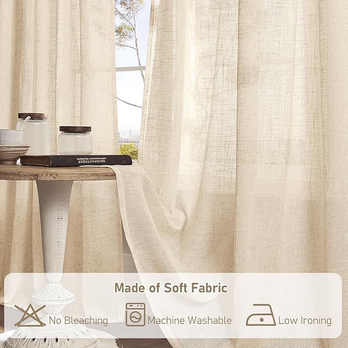LAMIT Natural Sheer Linen Curtains for Bedroom, Faux Linen Textured Light Filtering Drapes Back Tab and Rod Pocket Boho Neutral Burlap Panels for Farmhouse/Living Room, 2 Panels, 52 x 72 Inch