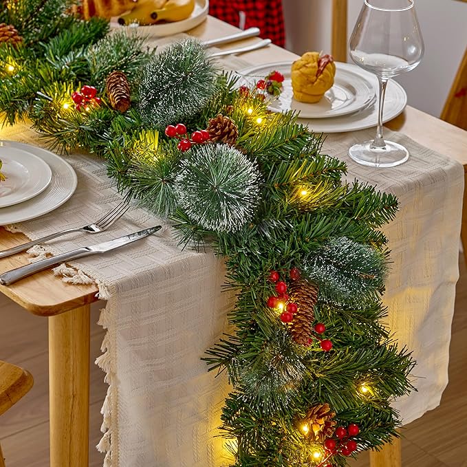 Joiedomi 9FT Christmas Garland Prelit with 50 Count String Lights, Bristle, Pine Cones, Holly Berries for Outdoor & Indoor Winter Christmas and Holidays Decorations, Plug in Lighted Pine Garland