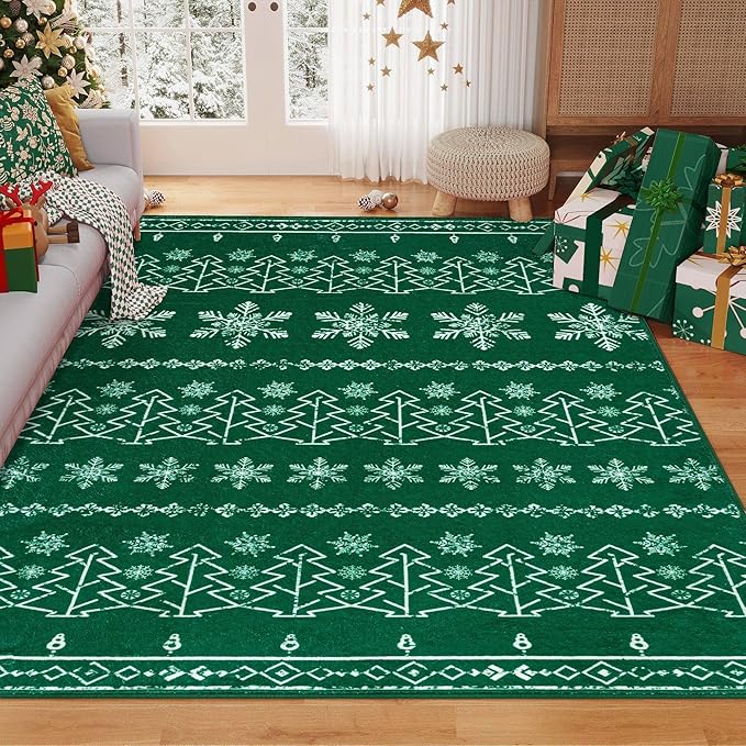 Christmas Green Area Rug 8x10 Washable Living Room Carpet Xmas Snowflake Holiday Decor Indoor Bedroom Throw Rug Decorative Non Slip Soft Low Pile Large Carpet Dining Room Office Nursery