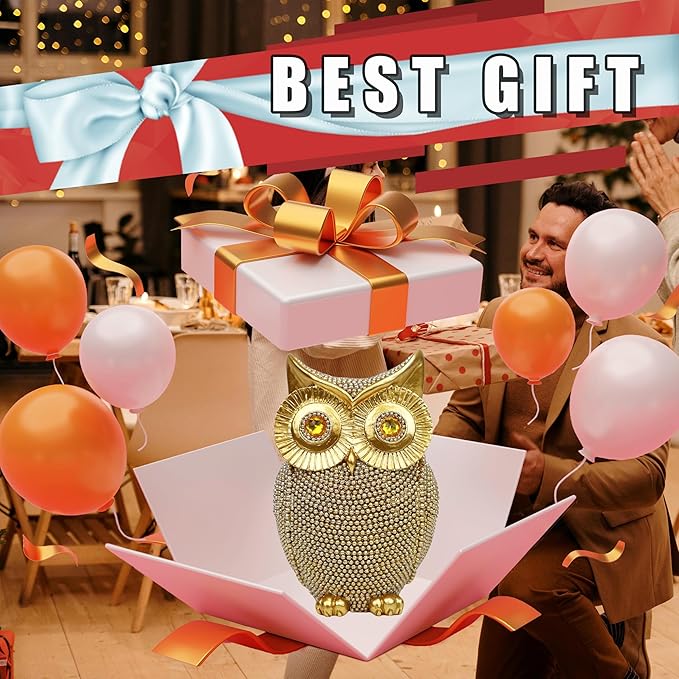 Golden Glitter Owl Statue - Cute Owl Sculpture for Home Art Decorations, Unique Gift Idea for Housewarming, Birthday, Christmas(6.5'')