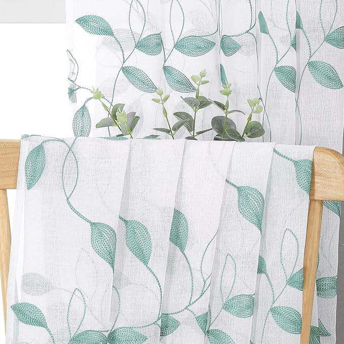 Tollpiz Teal Blue Leaf Sheer Curtain Leaves Embroidered Bedroom Curtains Rod Pocket Voile Window Treatment for Living Room, 54 x 95 inches Long, Set of 2 Panels