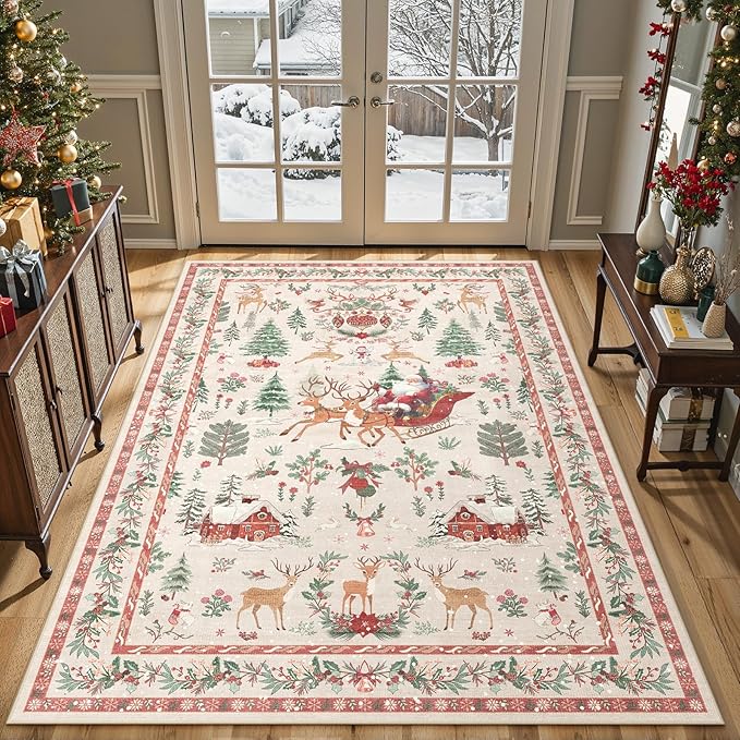 Lahome Christmas 5x7 Rugs for Living Room, Christmas Tree Santa Claus Soft Bedroom Rug Indoor, Non Slip Washable Low Pile Floor Carpet for Dining Room Winter Holiday Decor, Beige