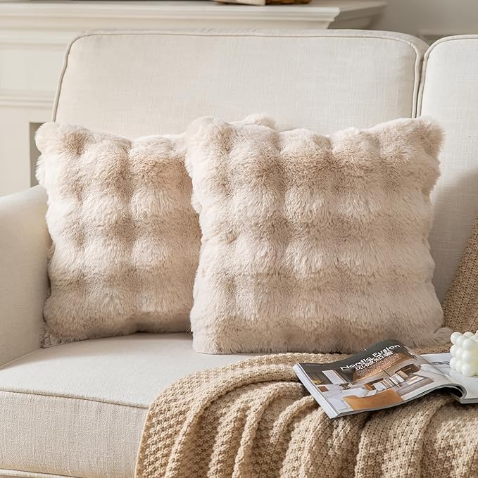 Pack of 2 Thick Plush Throw Pillow Covers Fluffy Wave Faux Fur Decorative Cushion Covers Soft Wool Pillowcase for Sofa Couch Livingroom 18x18 Inch Beige