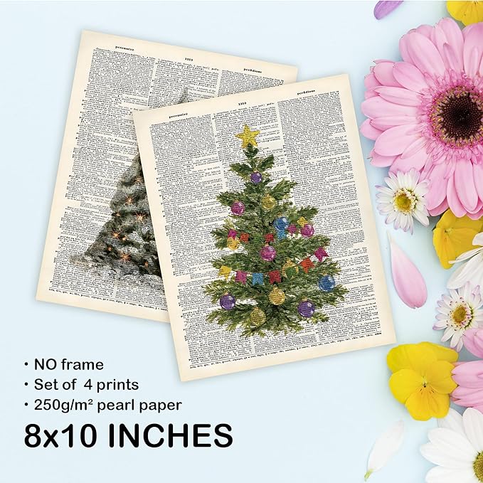 TLESKE Vintage Winter Christmas Pine Trees Posters Prints Unframed Set of 4 for Home Bedroom Living Room, Retro Christmas Pine Trees Wall Art Prints Decor, Aesthetic Winter Wall Pictures, 8x10