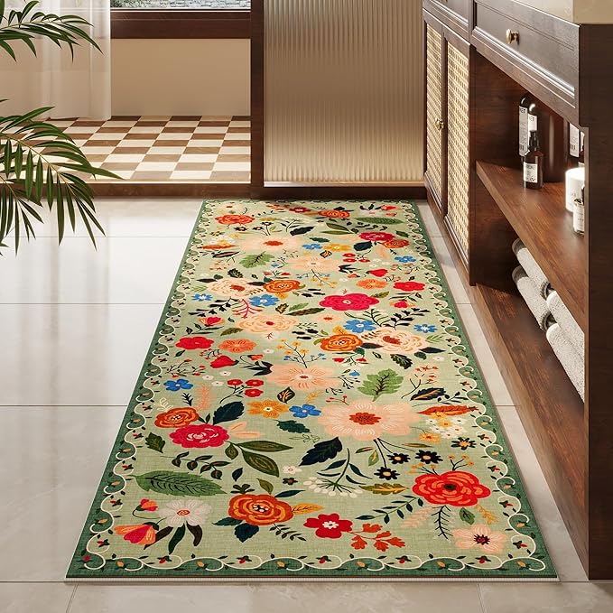 Rugcomf Runners for Hallways Kitchen Runner Rug Non Slip 2'x 10' Long Washable Rugs with Rubber Backing Soft Floral Carpet Runner for Hallways, Kitchen, Laundry, Bedroom, Bathroom(Green)