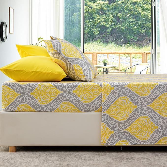 Twin Size Bed Sheets Set Deep Pockets - 6PC Floral Ultra Soft Microfiber Bed Sheets - Easy to Clean, 90 Thread Count Sheets with Fitted Sheet, Flat Sheet & Pillowcases (Grey/Yellow Medallion)