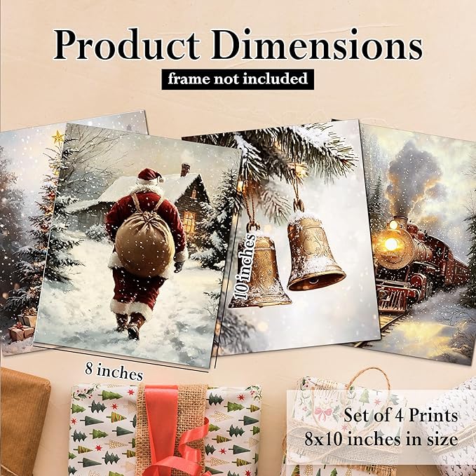DOFQZ Winter Christmas Wall Art Prints Set of 4, Christmas Home Room Decor, Winter Snowy Xmas Train Santa Bell Pine Tree Posters for Home Bedroom Living Room Decor, 8x10 Unframed