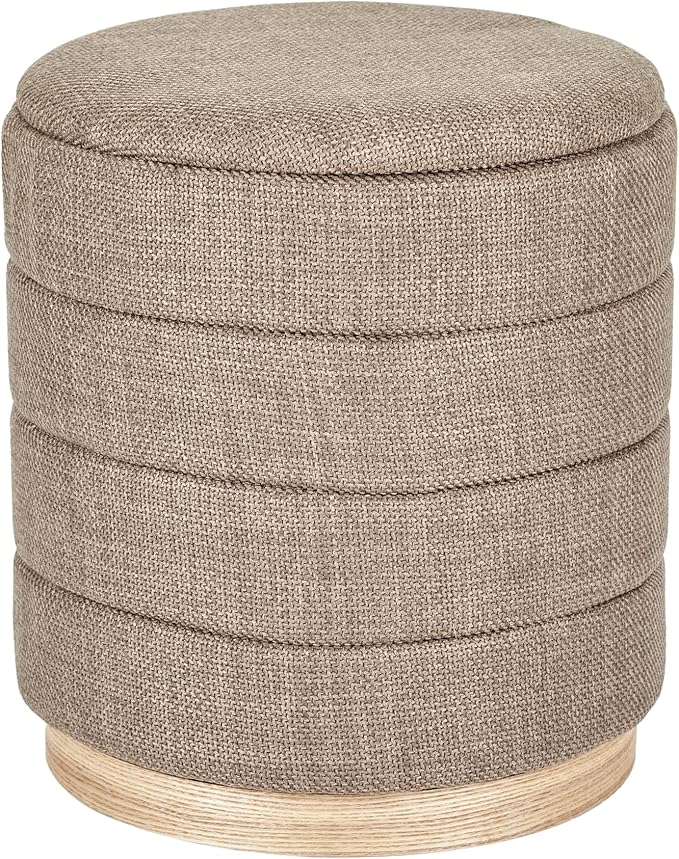 Round Ottoman with Storage โ Elegant Durable Linen Upholstered Footrest Bench for Living Room, Cylinder Vanity Stool โ Brown