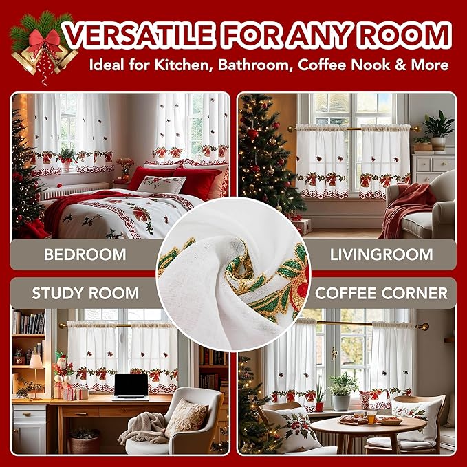 Deconovo Christmas Kitchen Tier Curtains, Embroidered Cafe Tiers, Semi Sheer Window Treatment with Rod Pocket, Light Filtering for Small Windows, Door & Sink Areas, 28W x 45L, Golden Bell, 2 Panels