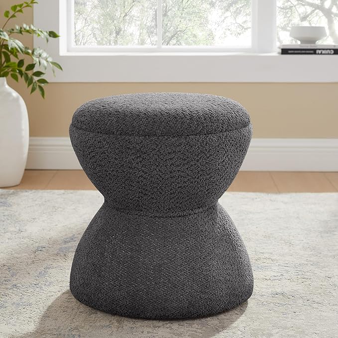 Multi-Functional Boucle Ottoman, Vanity Stool Chair, Sturdy Wooden Footstool, Suitable for Living Room, Bedroom, and Entryway, Without Installation, Dark Grey