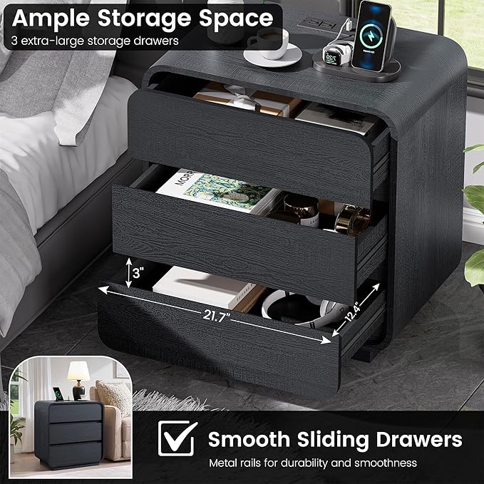 Black Night Stand Set of 2 with Charging Station, 25" Tall Wood Nightstand, Modern Dresser End Table with 3 Storage Drawers, Curved Profile, Mid Century Bedside Table for Bedroom Office