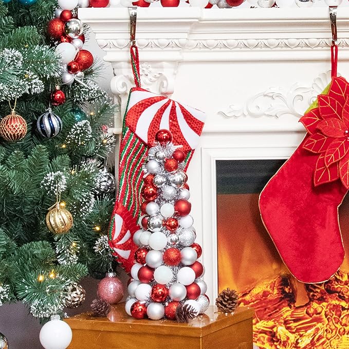 Amooca 16in Christmas Ball Tree with LED Lights Table Centerpiece Fireplace Decor Indoor Holiday Party Home Decoration Red White Silver