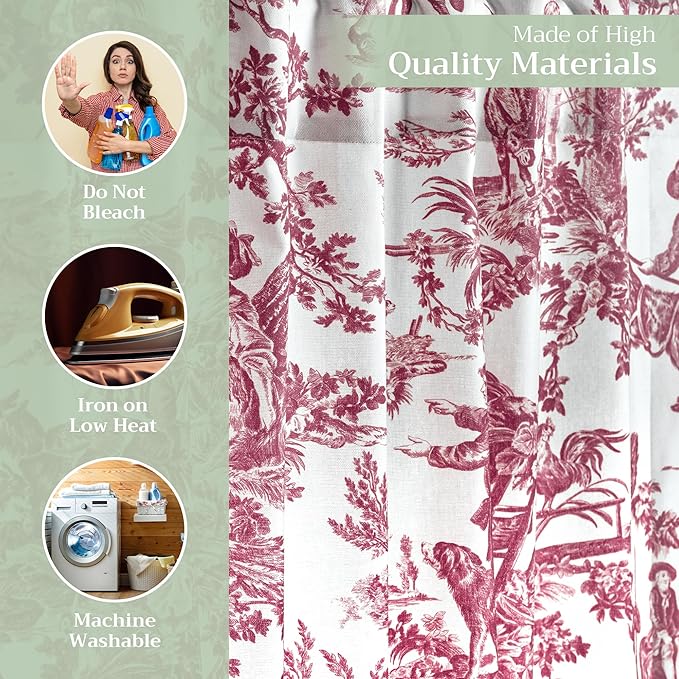 Maison d' Hermine Curtains for living room 100% Cotton 108 inch length Two Panels Light Filtering Toile Curtains for Bedroom with rod and loop Pockets (The Miller Red (White Background), 50"W x 108"L)