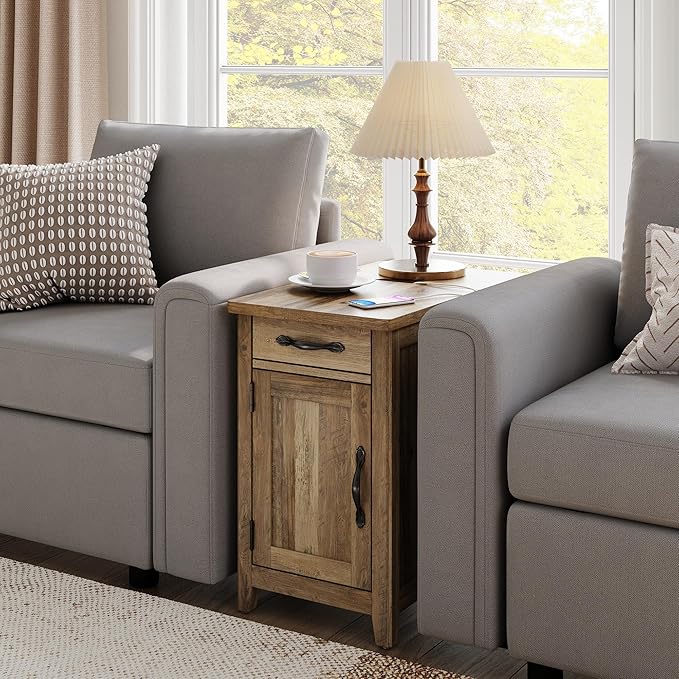 LINSY HOME End Table Set of 2 with Charging Station, Modern Farmhouse Sofa Couch Side Table, Wooden Bedside Table for Living Room Bedroom, Narrow Nightstand with Storage for Small Space, Brown