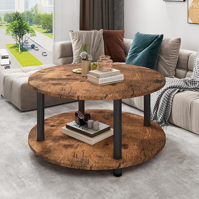 23.6" Round Coffee Table, 2-Tier Small Circle Coffee Table with Storage, Modern Center Accent Table with Metal Frame, Side Table End Table for Small Space, Living Room, Office, Rustic Brown
